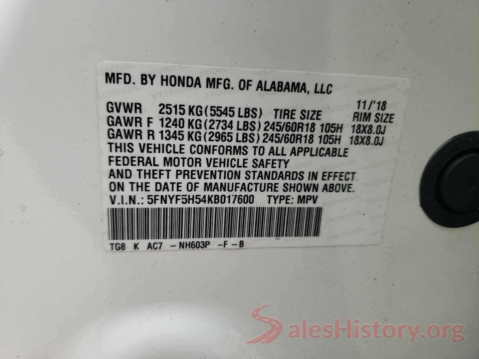 5FNYF5H54KB017600 2019 HONDA PILOT