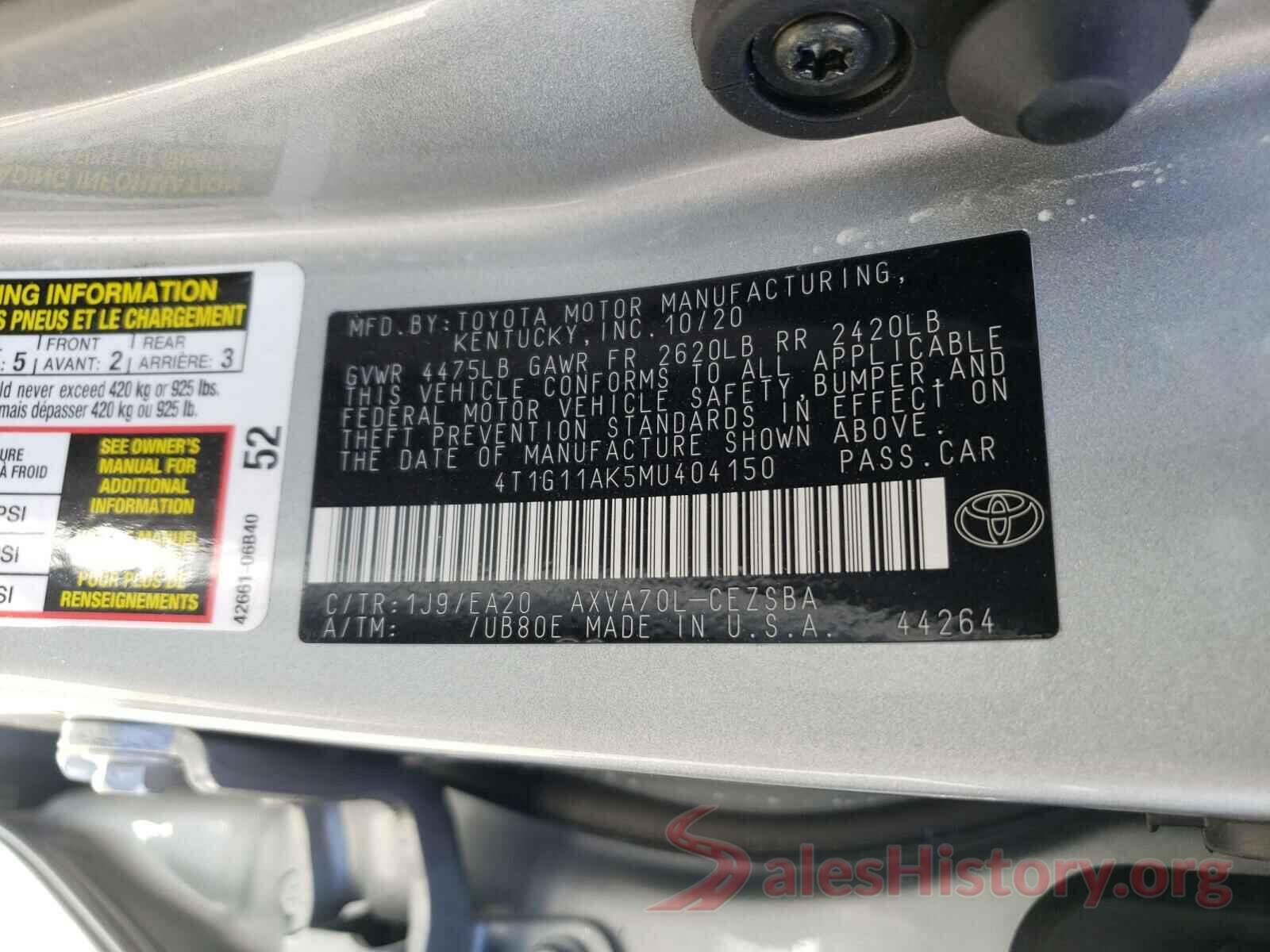 4T1G11AK5MU404150 2021 TOYOTA CAMRY