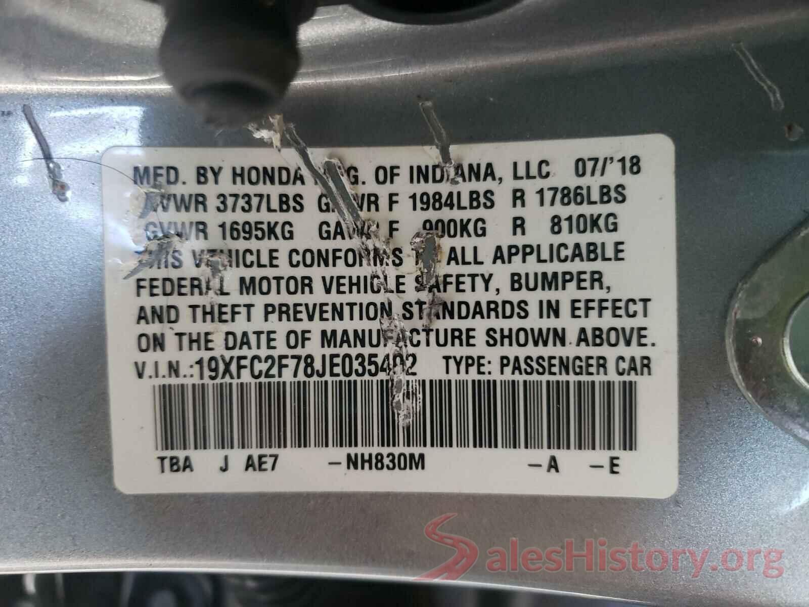 19XFC2F78JE035492 2018 HONDA CIVIC