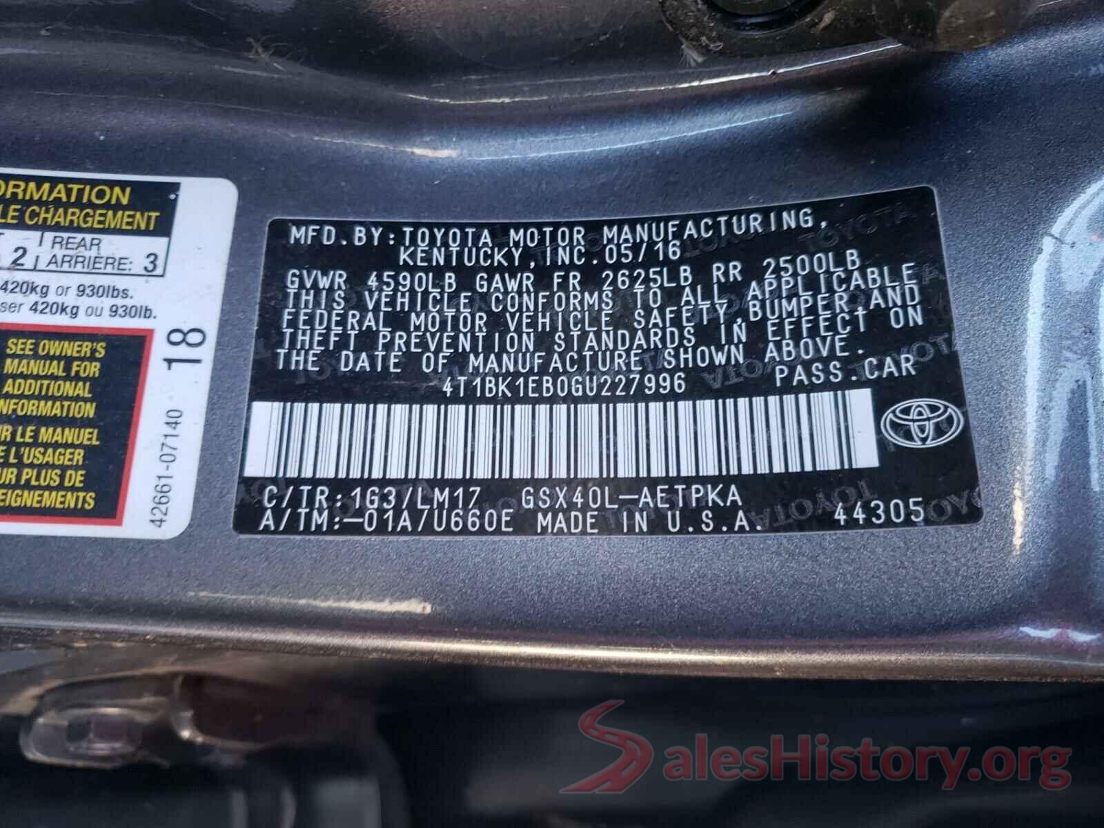 4T1BK1EB0GU227996 2016 TOYOTA AVALON