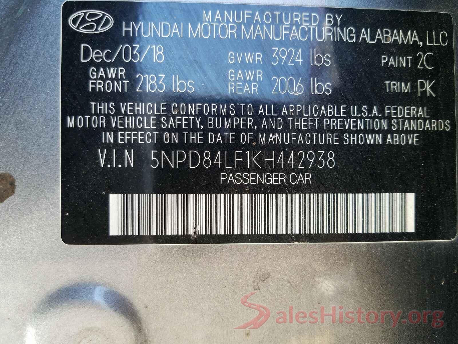 5NPD84LF1KH442938 2019 HYUNDAI ELANTRA