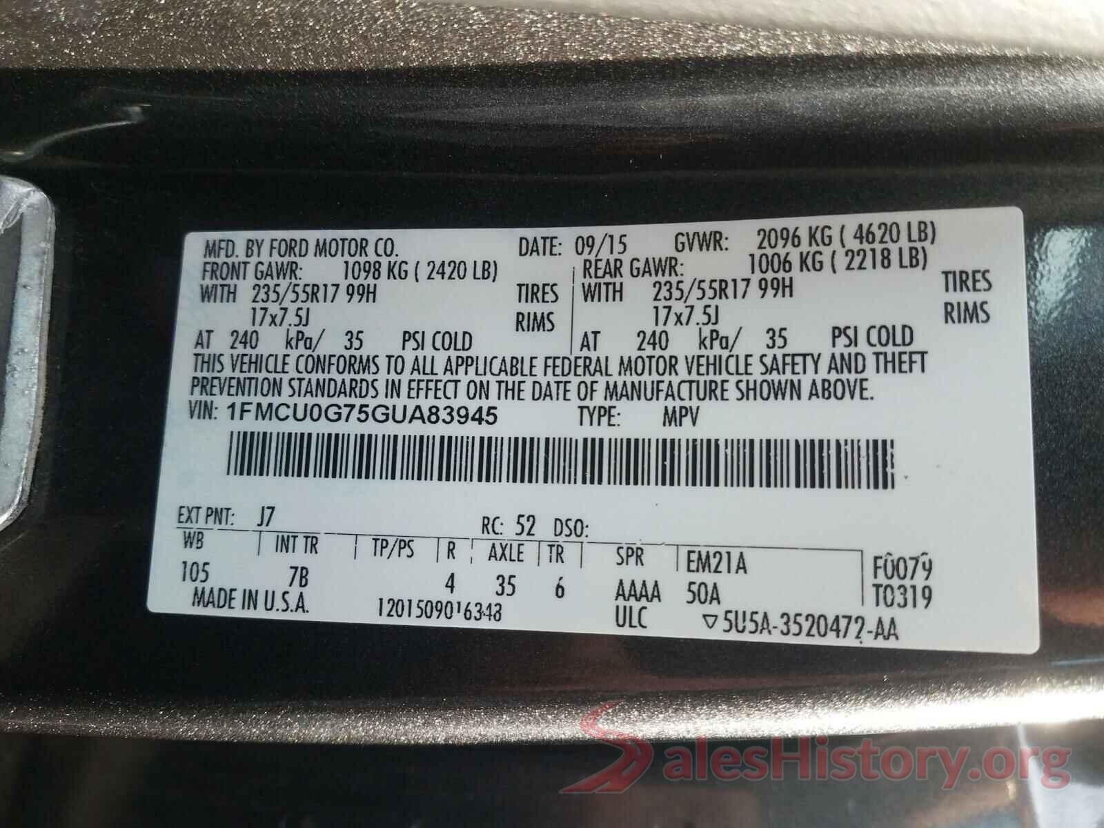 1FMCU0G75GUA83945 2016 FORD ESCAPE