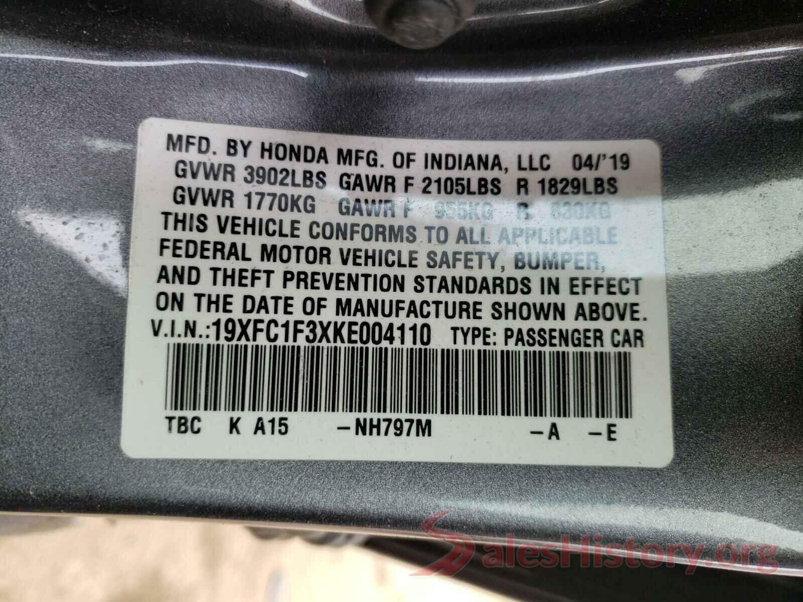 19XFC1F3XKE004110 2019 HONDA CIVIC