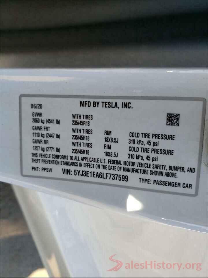 5YJ3E1EA6LF737599 2020 TESLA MODEL 3