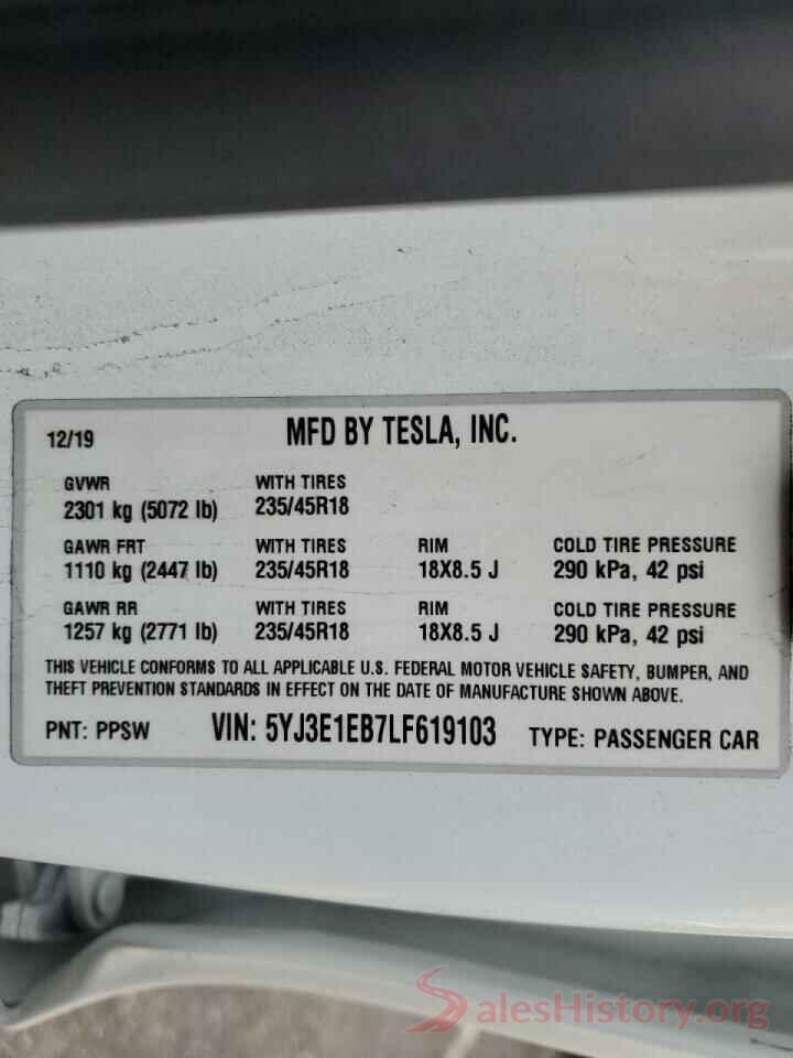 5YJ3E1EB7LF619103 2020 TESLA MODEL 3