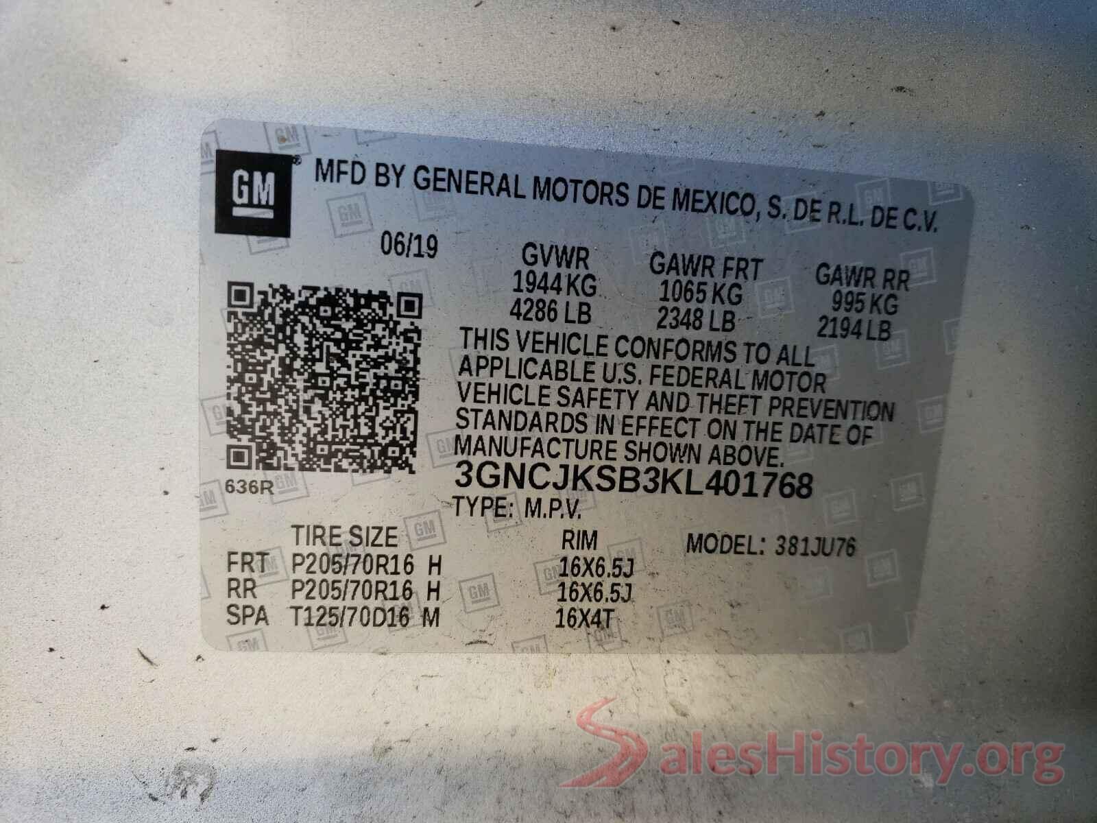 3GNCJKSB3KL401768 2019 CHEVROLET TRAX