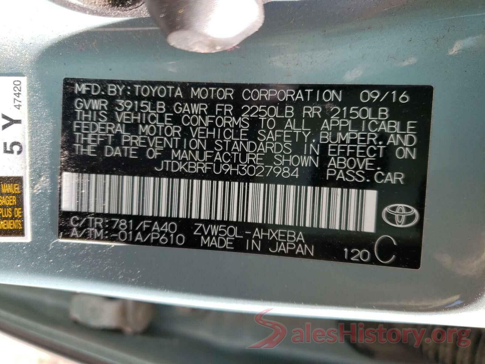 JTDKBRFU9H3027984 2017 TOYOTA PRIUS