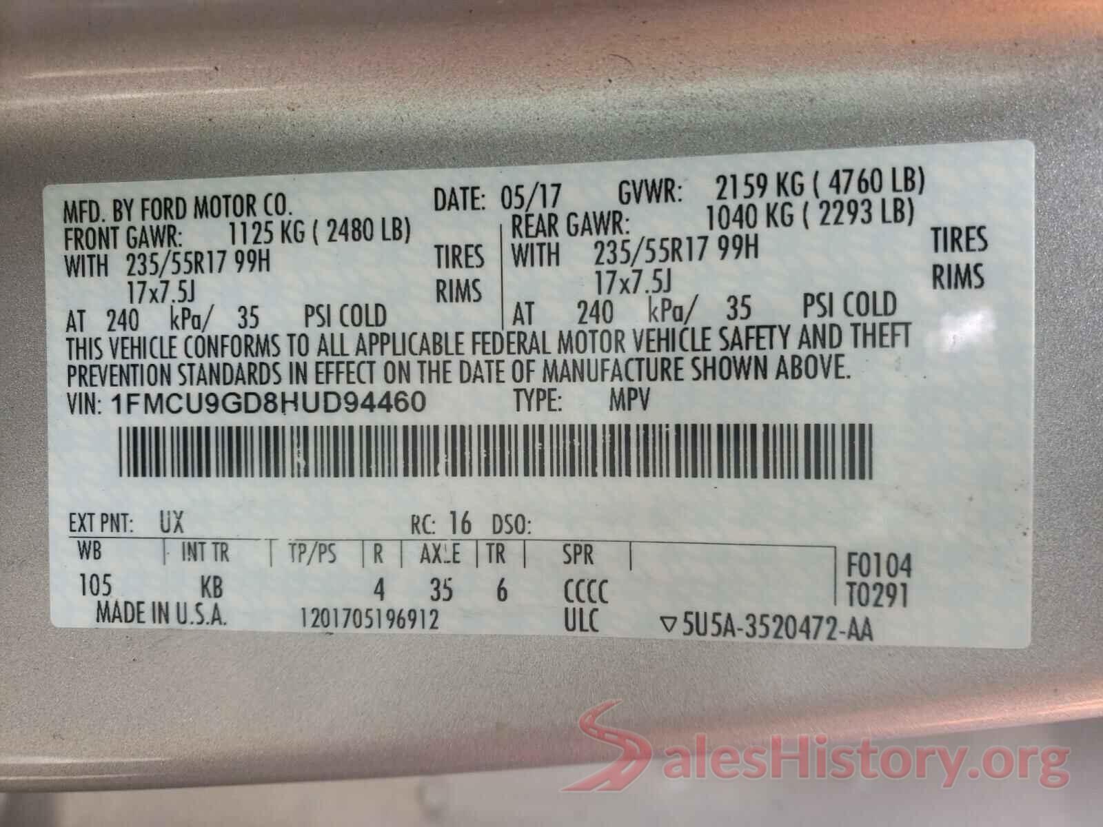 1FMCU9GD8HUD94460 2017 FORD ESCAPE