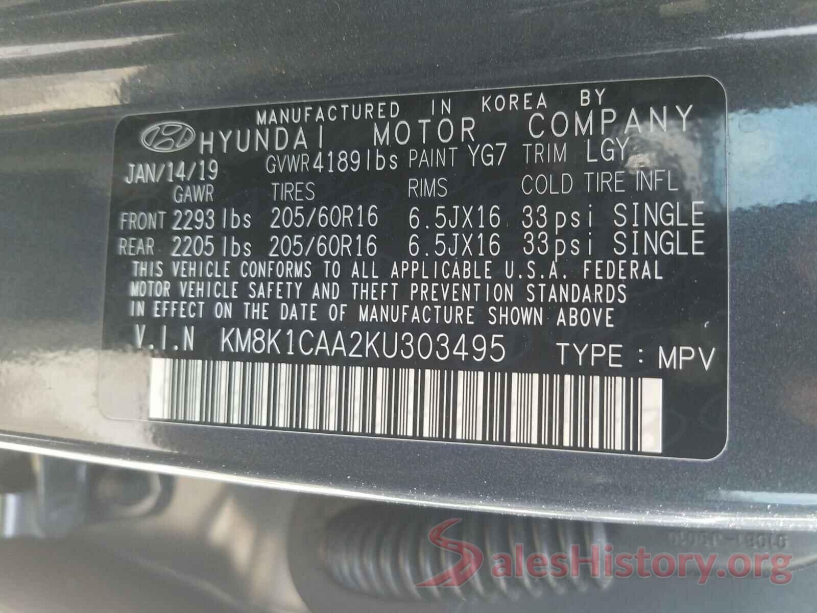 KM8K1CAA2KU303495 2019 HYUNDAI KONA