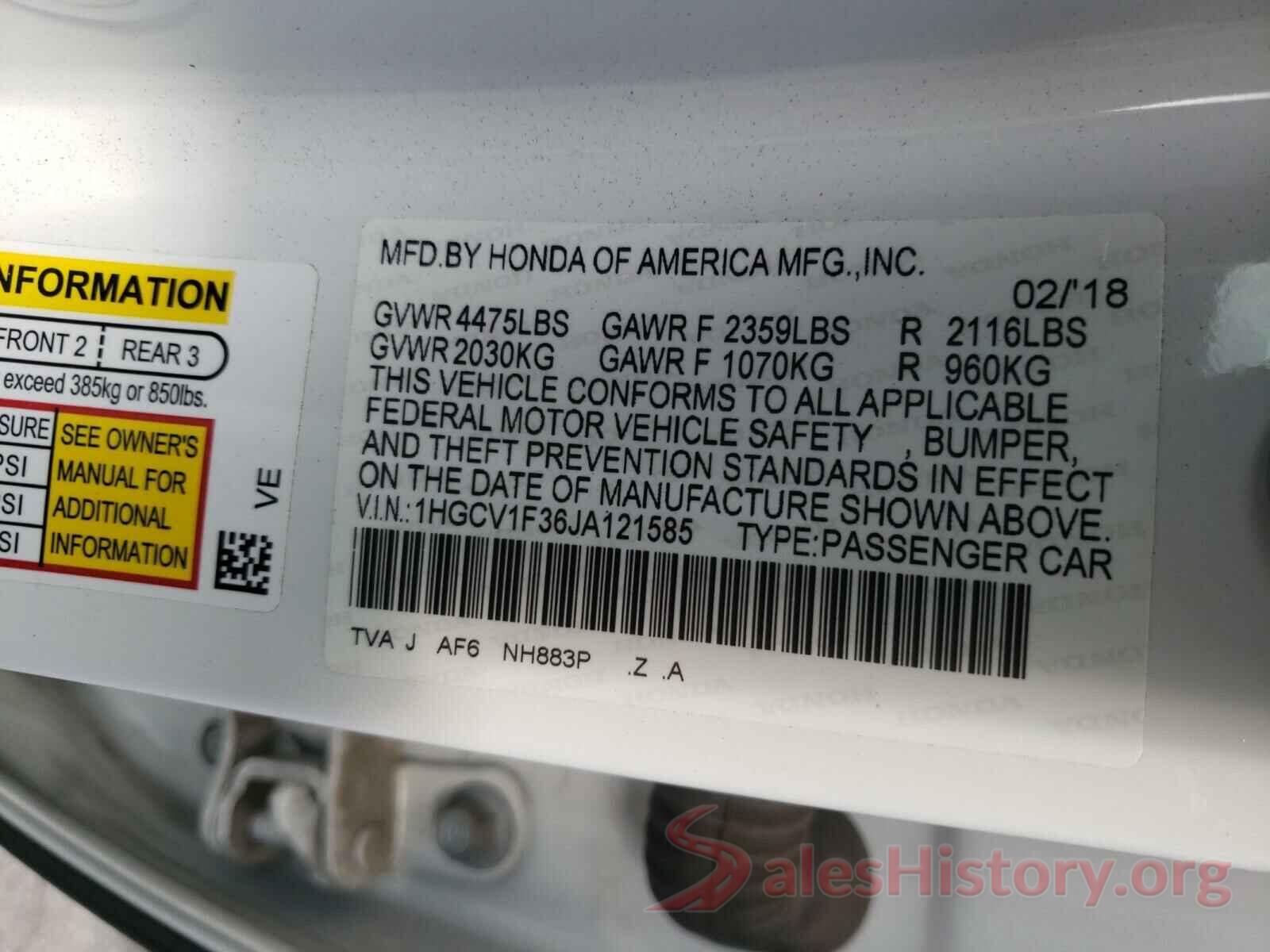 1HGCV1F36JA121585 2018 HONDA ACCORD