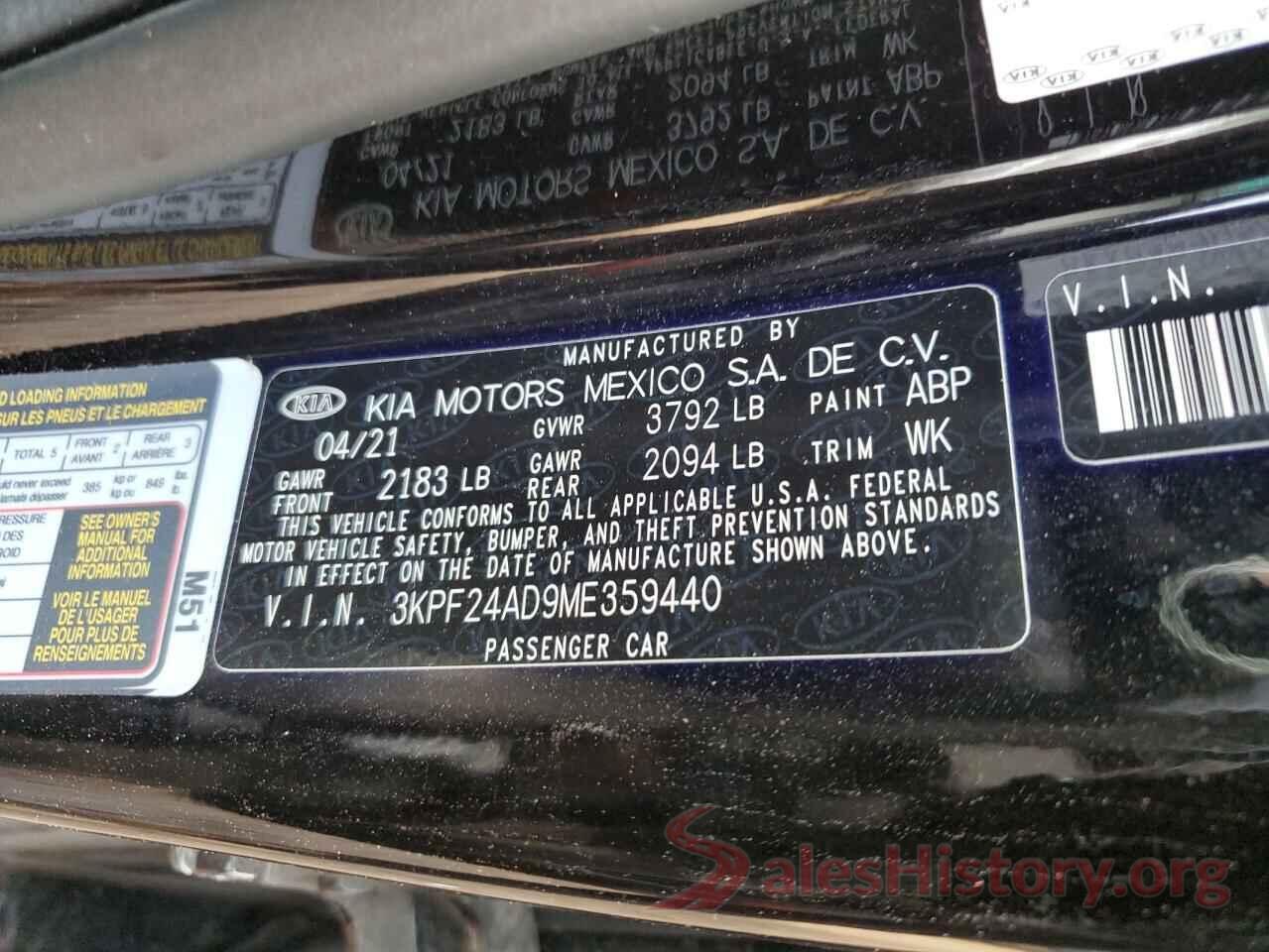 3KPF24AD9ME359440 2021 KIA FORTE