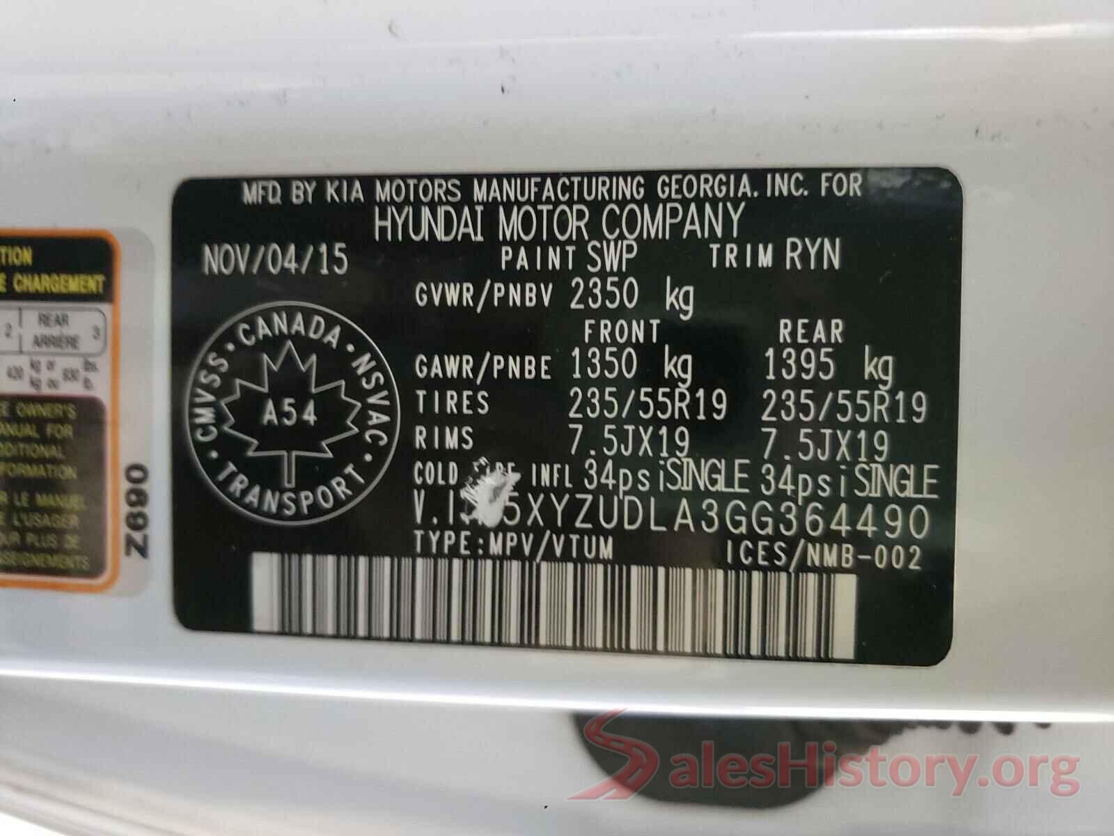 5XYZUDLA3GG364490 2016 HYUNDAI SANTA FE