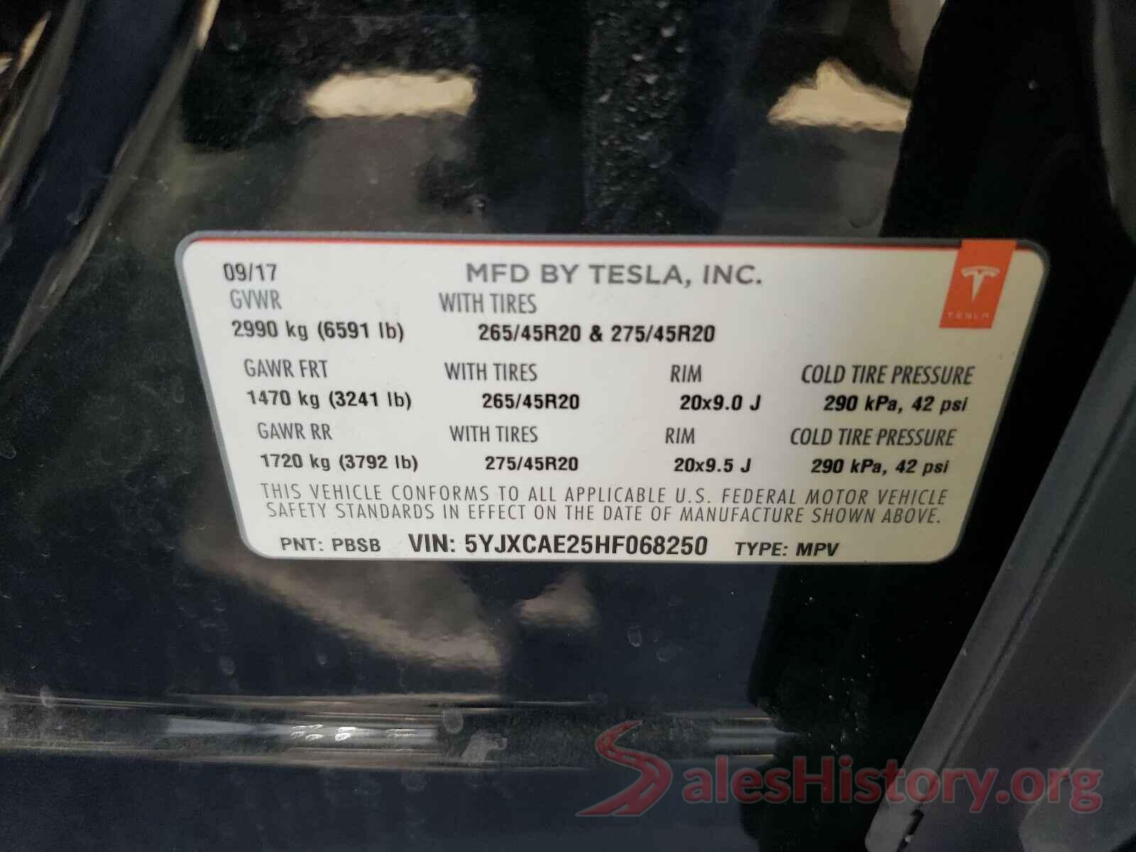 5YJXCAE25HF068250 2017 TESLA MODEL X