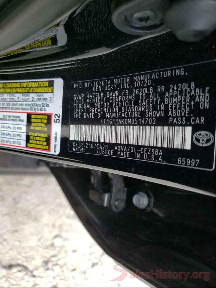 4T1G11AK0MU514703 2021 TOYOTA CAMRY