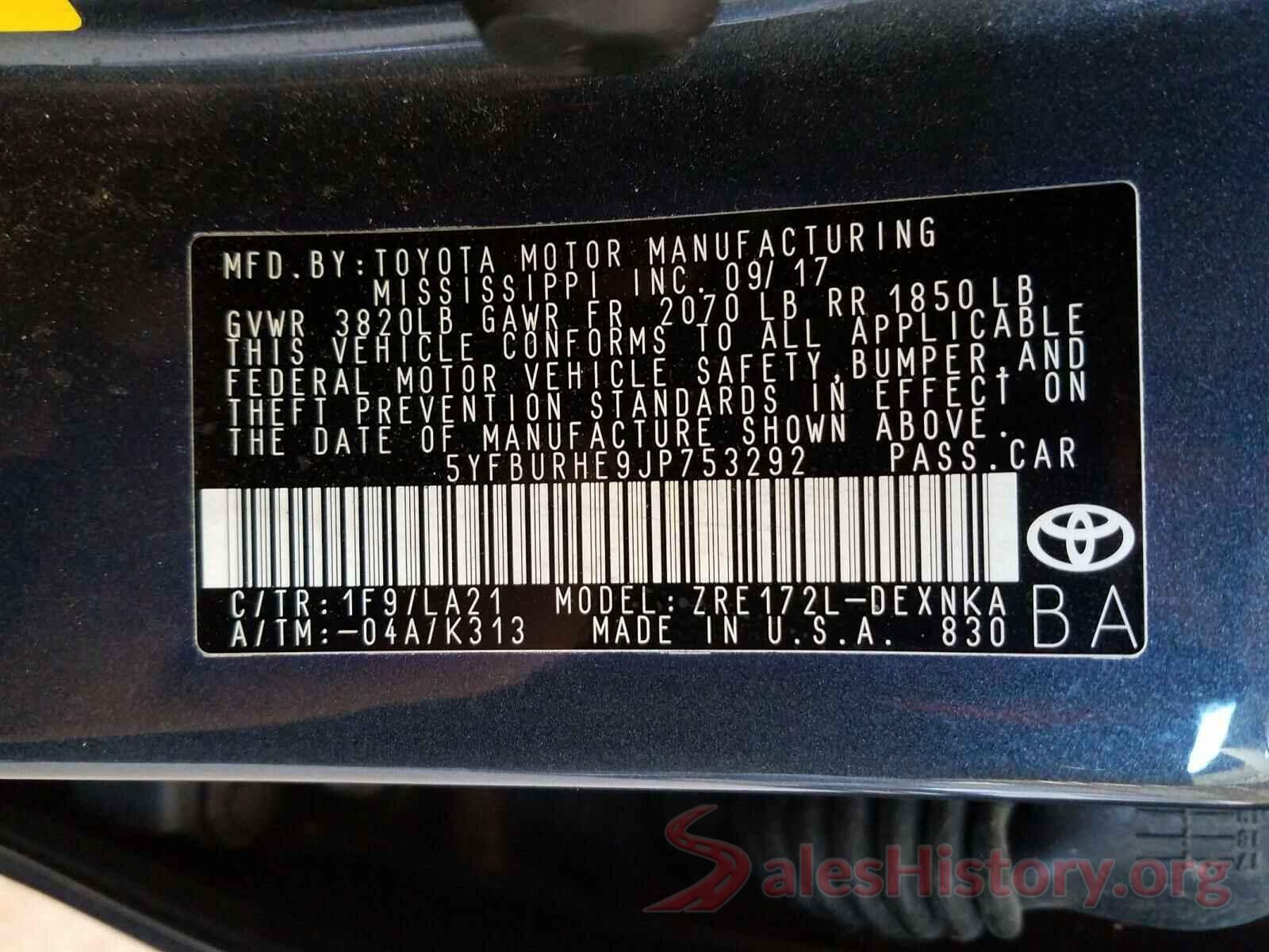 5YFBURHE9JP753292 2018 TOYOTA COROLLA