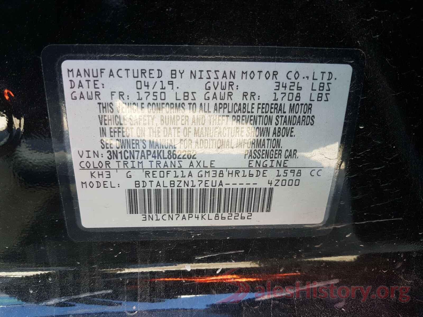 3N1CN7AP4KL862262 2019 NISSAN VERSA