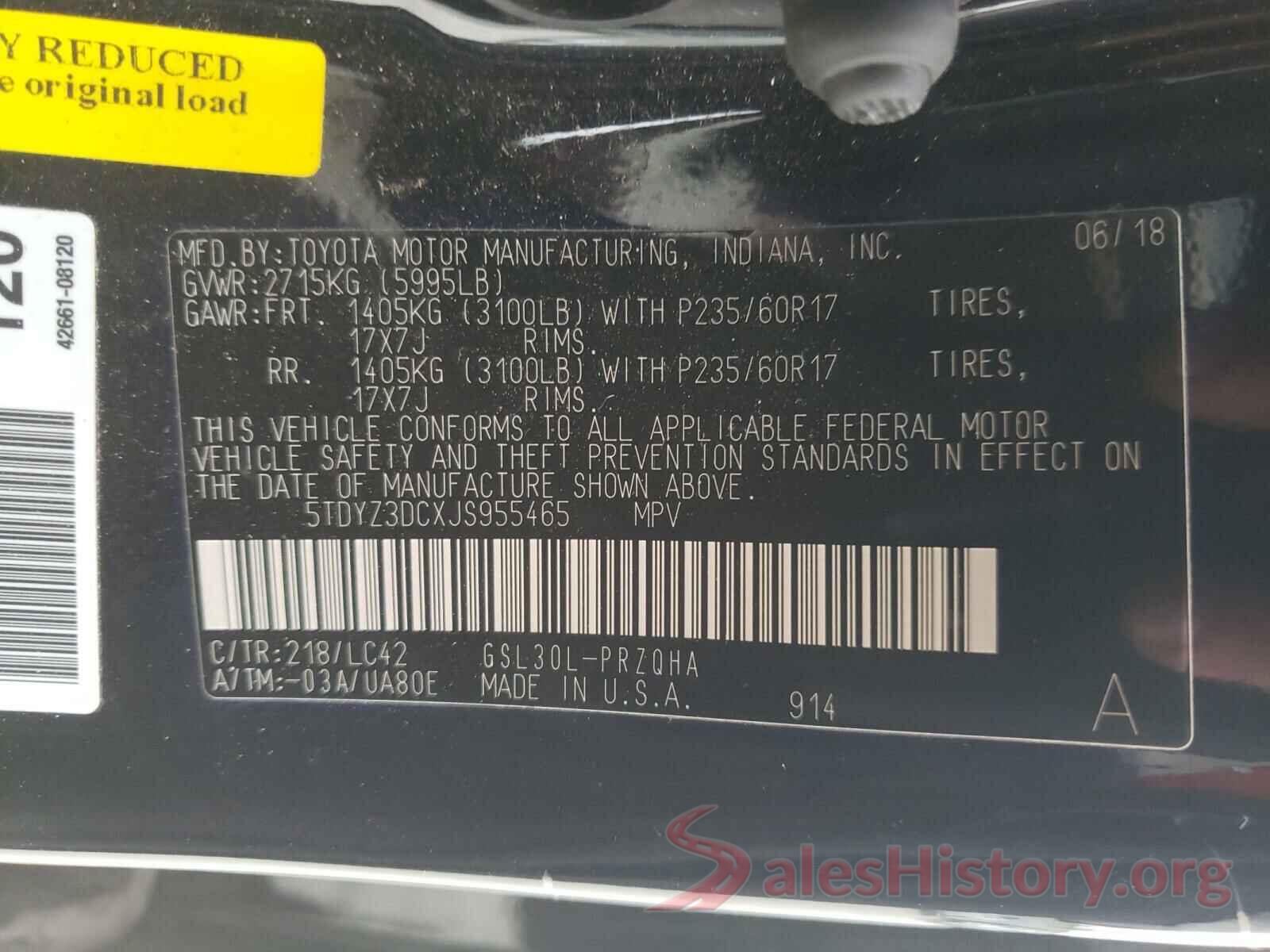 5TDYZ3DCXJS955465 2018 TOYOTA SIENNA