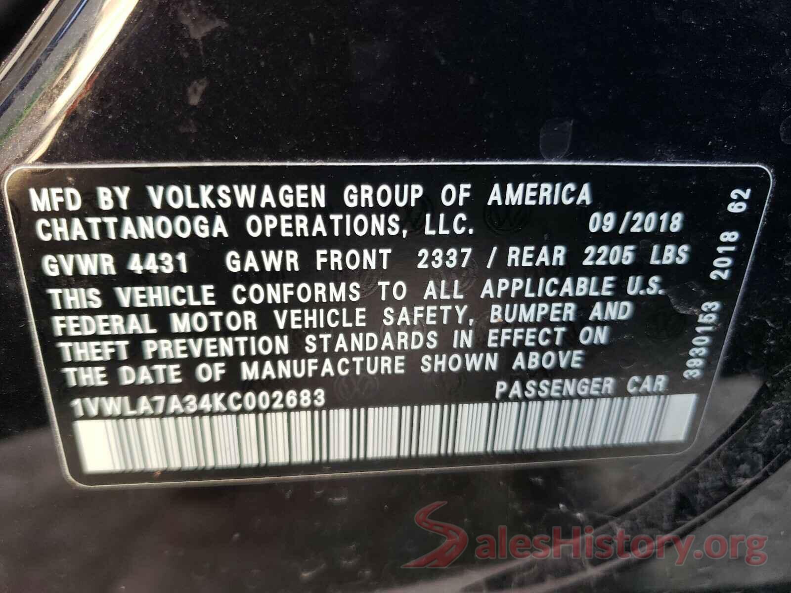 1VWLA7A34KC002683 2019 VOLKSWAGEN PASSAT