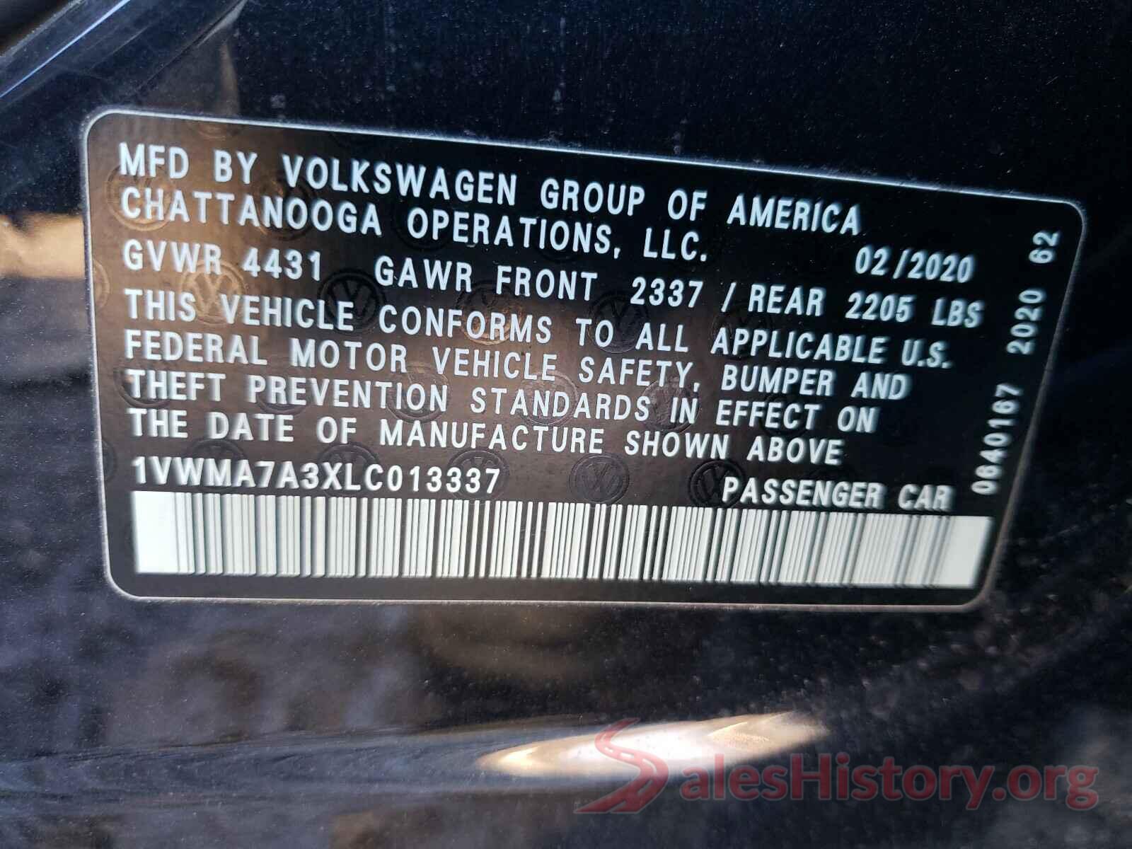 1VWMA7A3XLC013337 2020 VOLKSWAGEN PASSAT