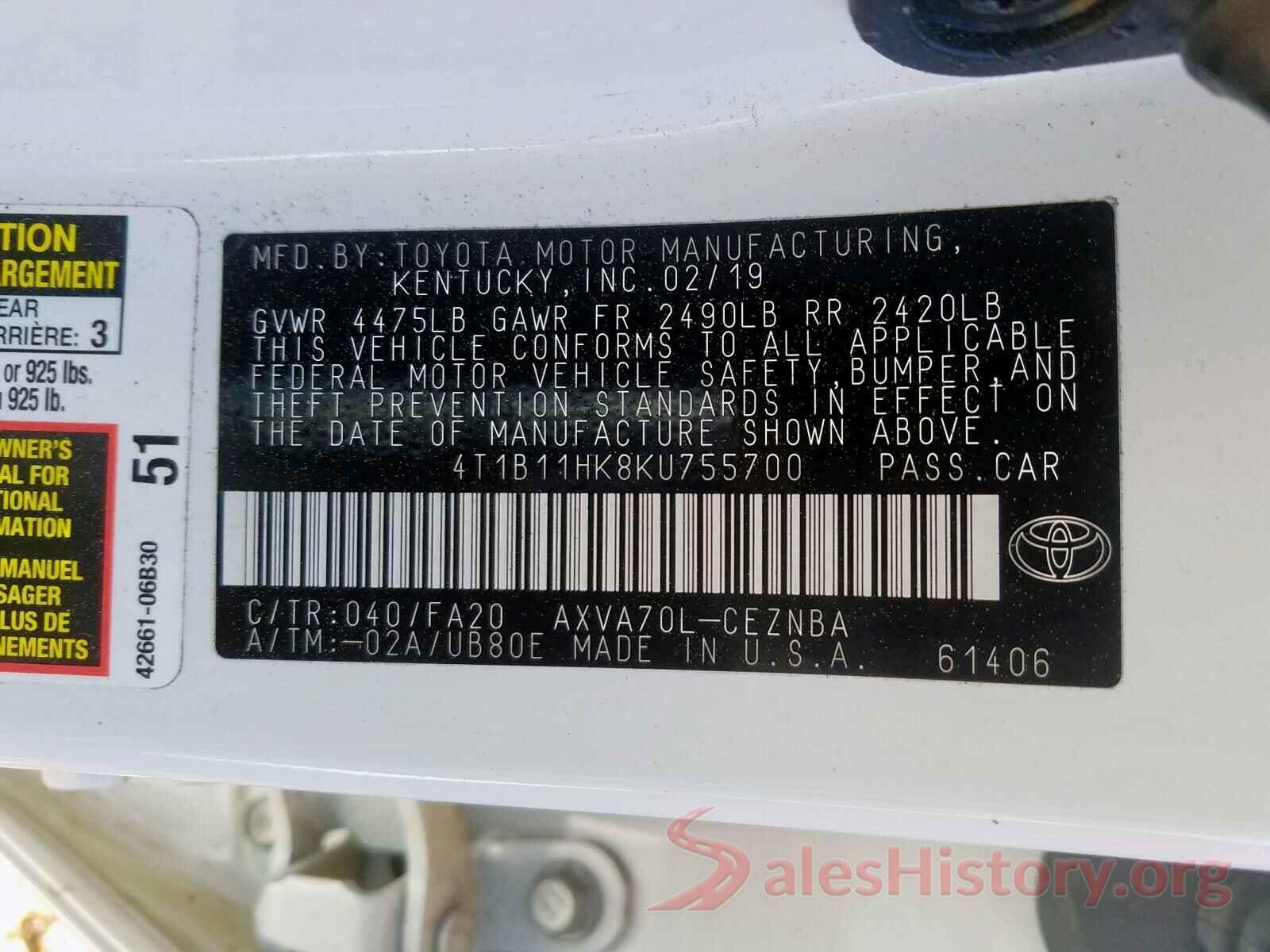 4T1B11HK8KU755700 2019 TOYOTA CAMRY