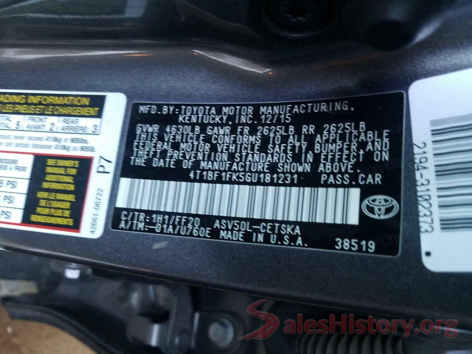 4T1BF1FK5GU181231 2016 TOYOTA CAMRY