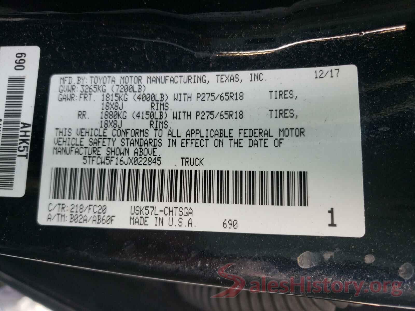 5TFCW5F16JX022845 2018 TOYOTA TUNDRA