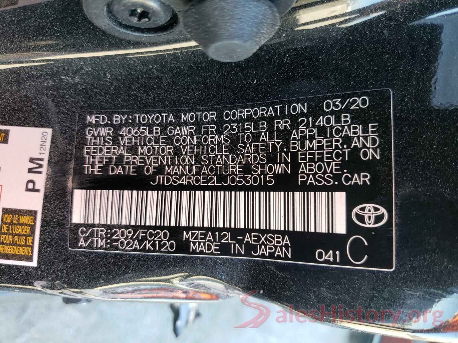 JTDS4RCE2LJ053015 2020 TOYOTA COROLLA