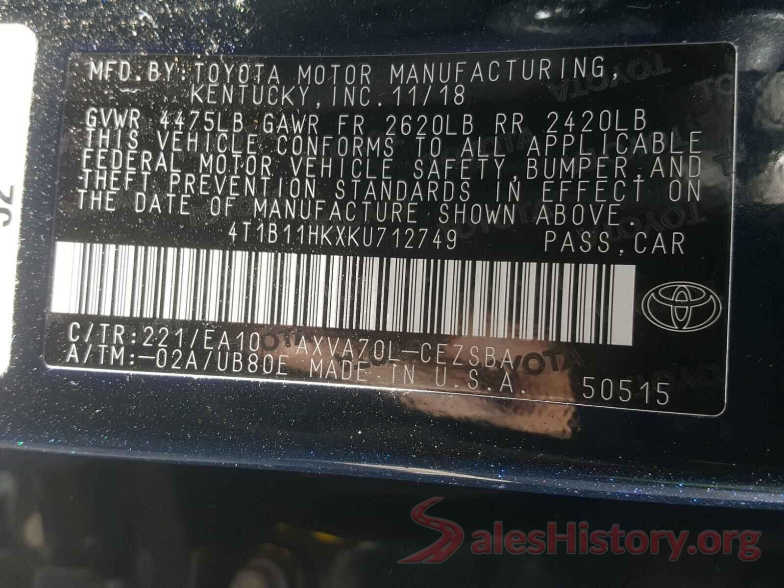 4T1B11HKXKU712749 2019 TOYOTA CAMRY