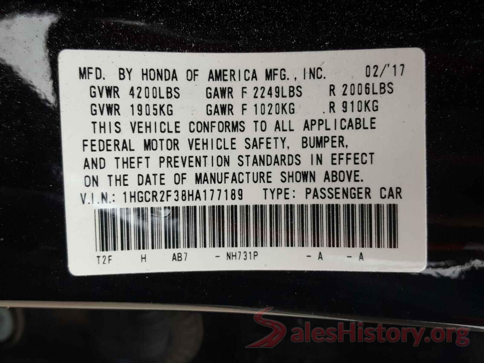 1HGCR2F38HA177189 2017 HONDA ACCORD