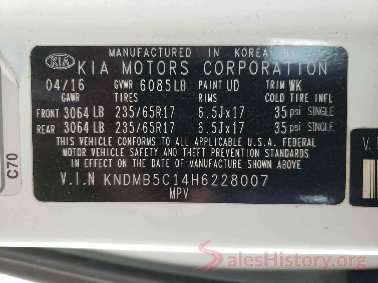 KNDMB5C14H6228007 2017 KIA SEDONA