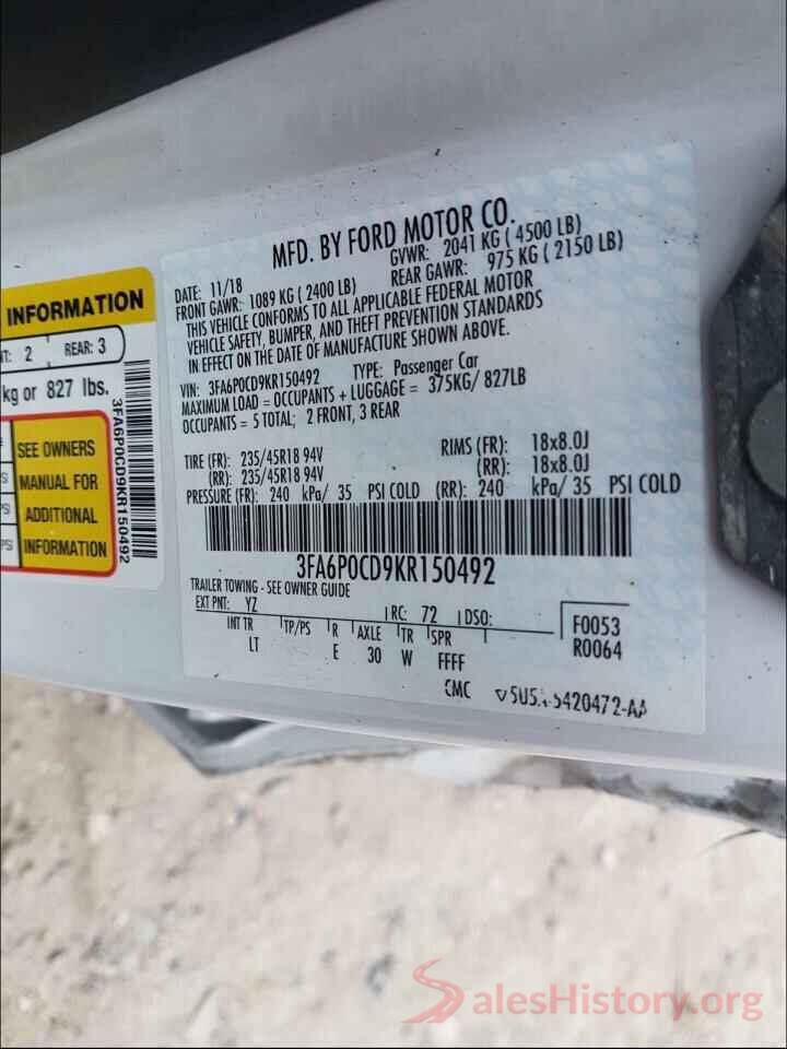 3FA6P0CD9KR150492 2019 FORD FUSION