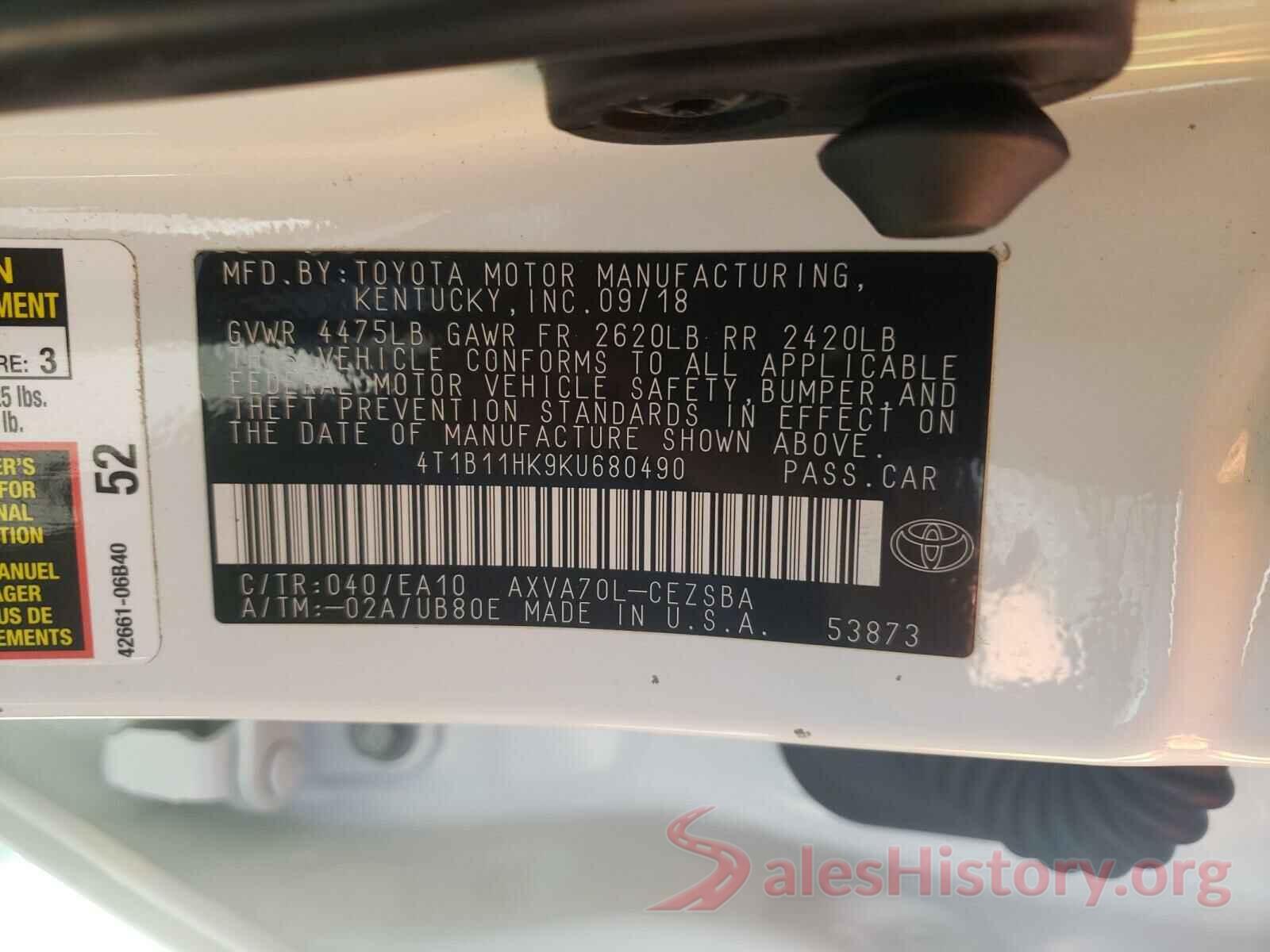 4T1B11HK9KU680490 2019 TOYOTA CAMRY