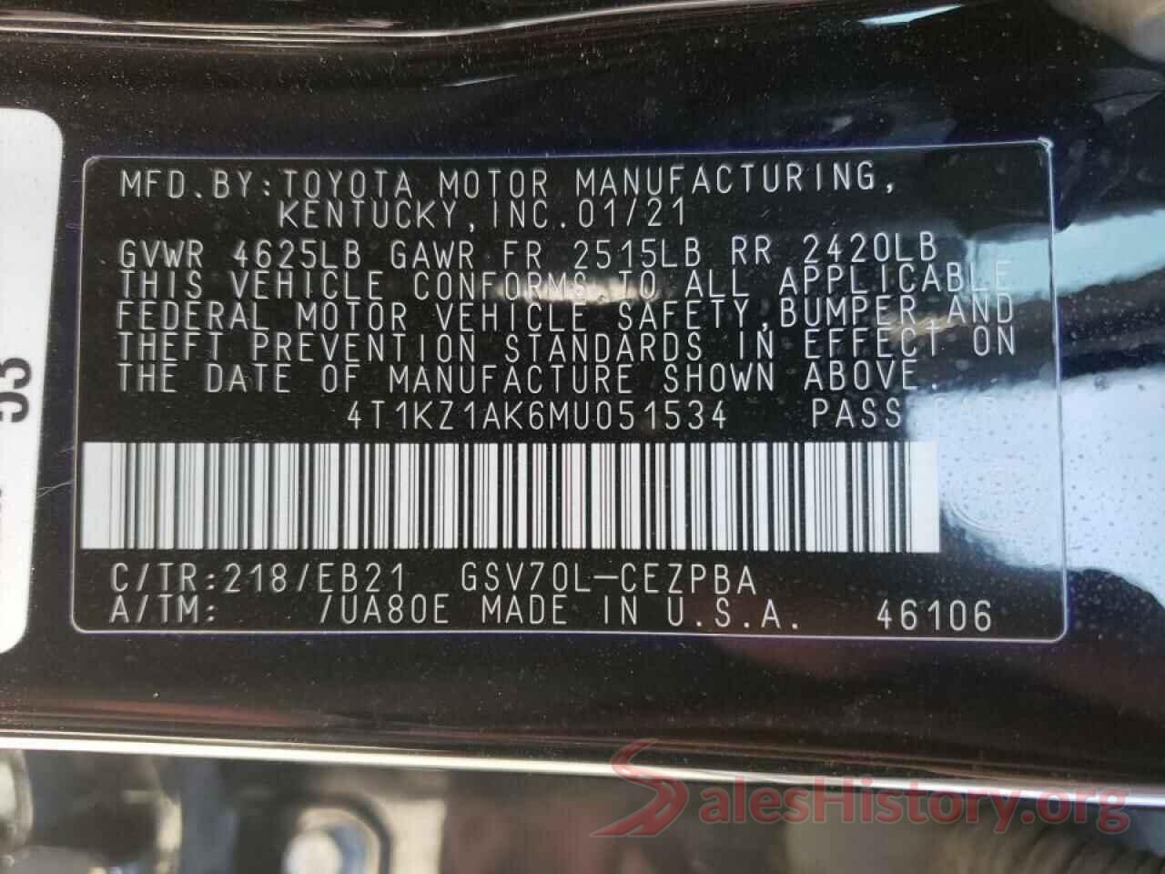 4T1KZ1AK6MU051534 2021 TOYOTA CAMRY