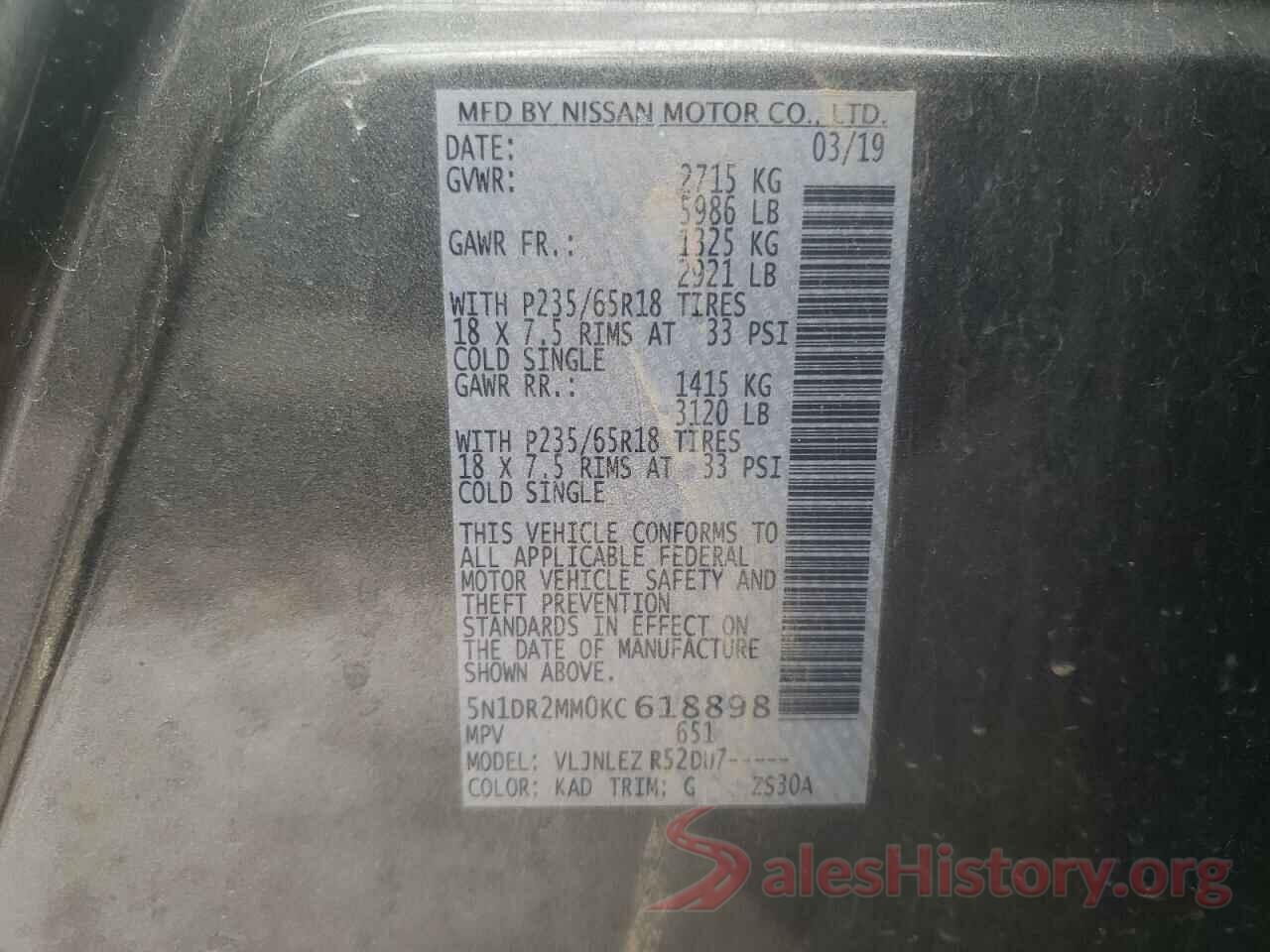 5N1DR2MM0KC618898 2019 NISSAN PATHFINDER