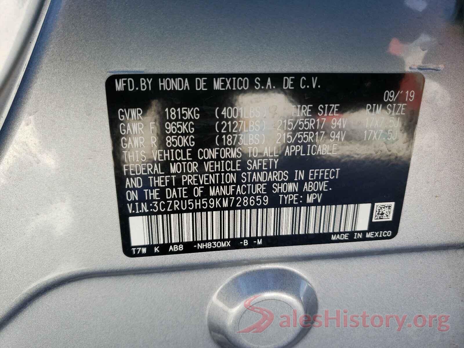 3CZRU5H59KM728659 2019 HONDA HR-V