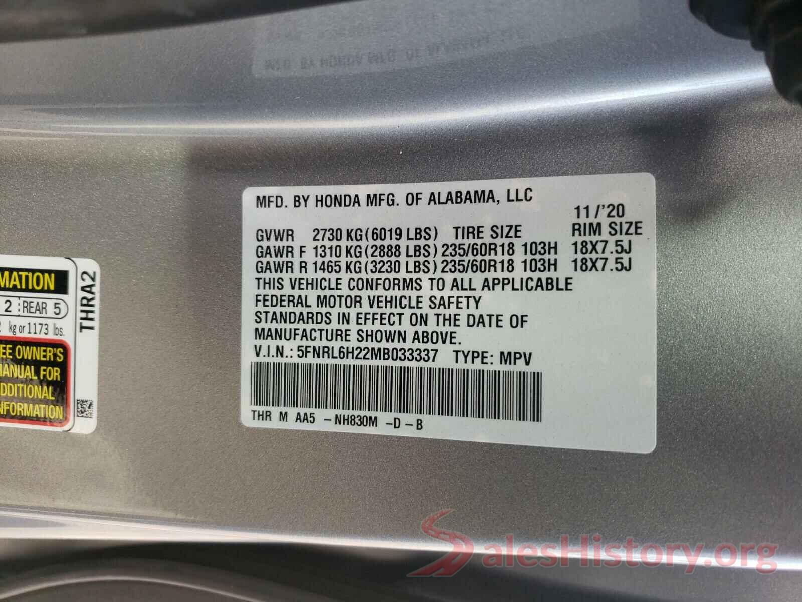 5FNRL6H22MB033337 2021 HONDA ODYSSEY