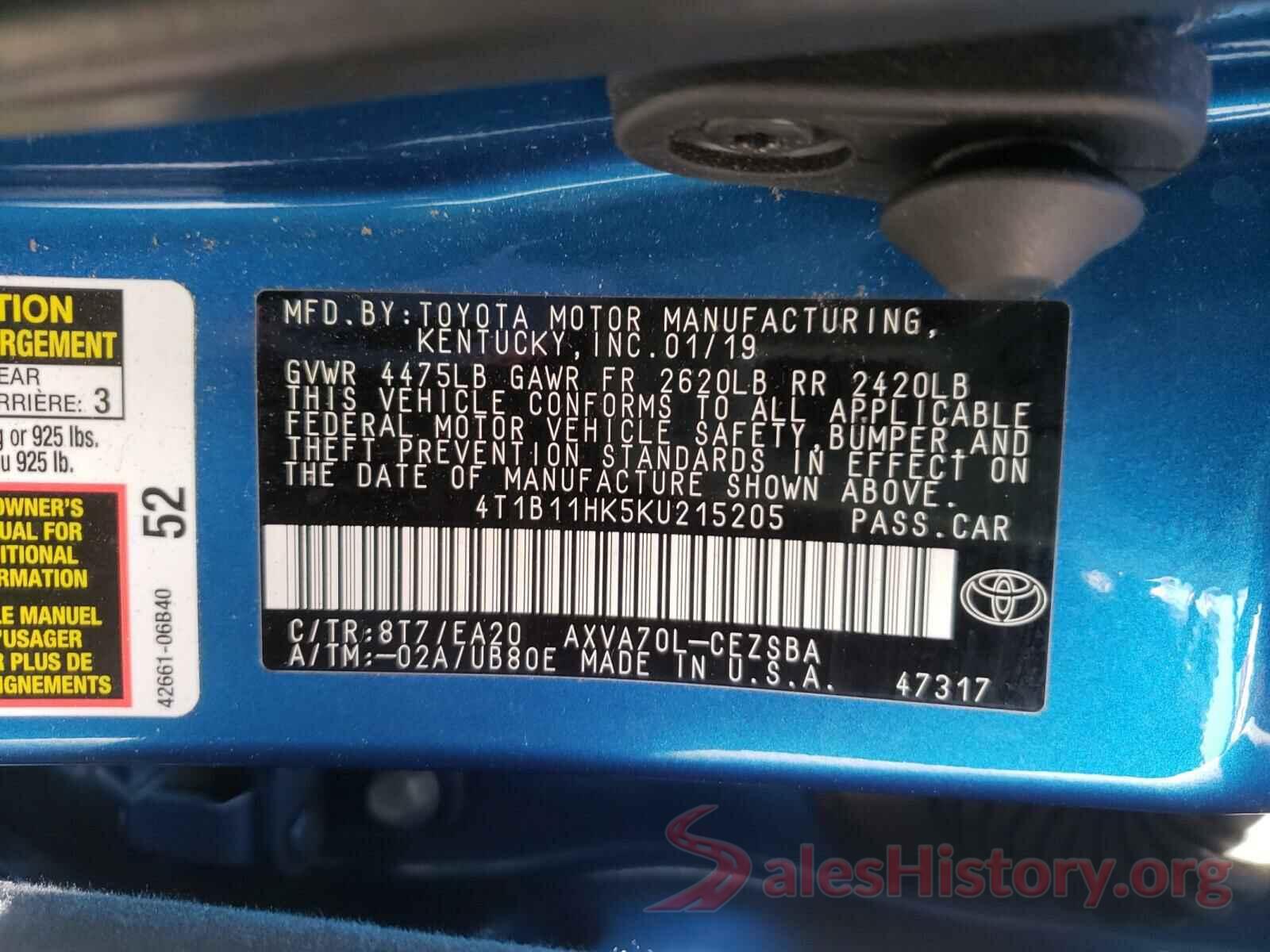 4T1B11HK5KU215205 2019 TOYOTA CAMRY