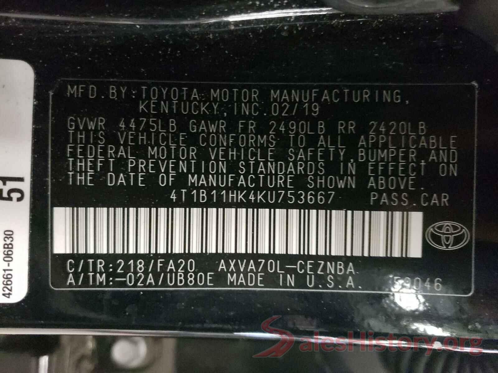 4T1B11HK4KU753667 2019 TOYOTA CAMRY