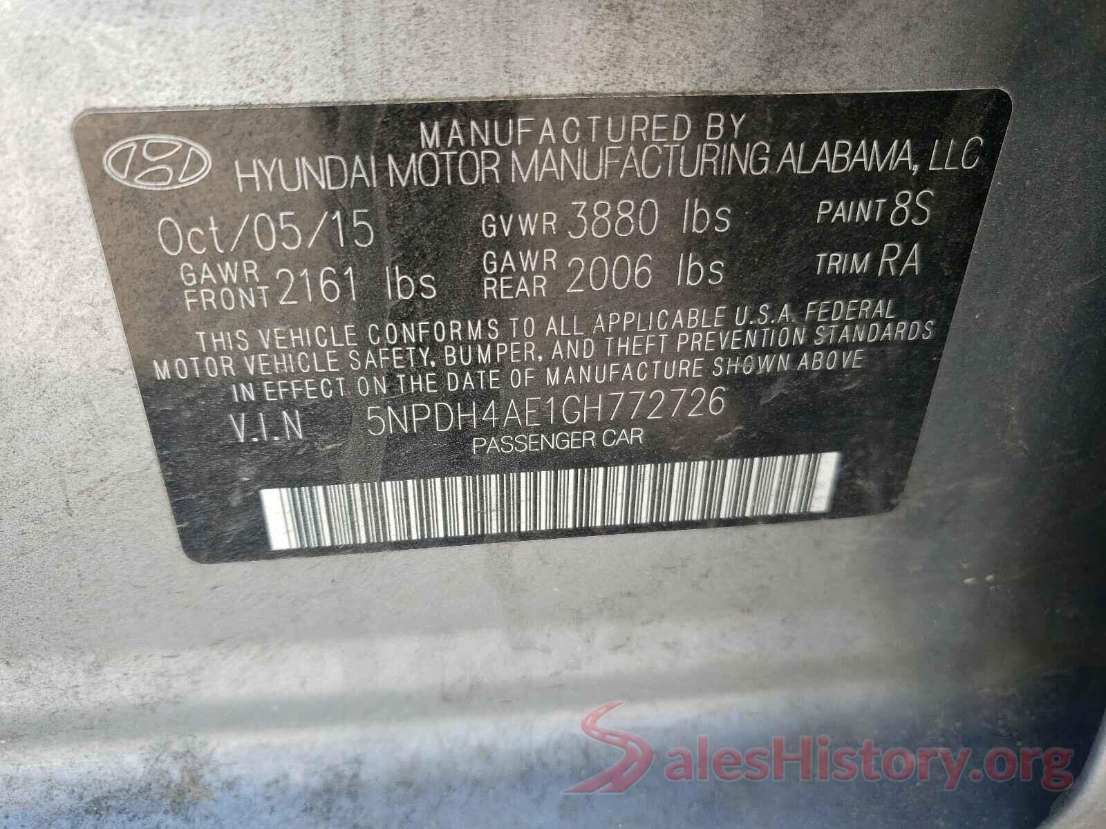 5NPDH4AE1GH772726 2016 HYUNDAI ELANTRA