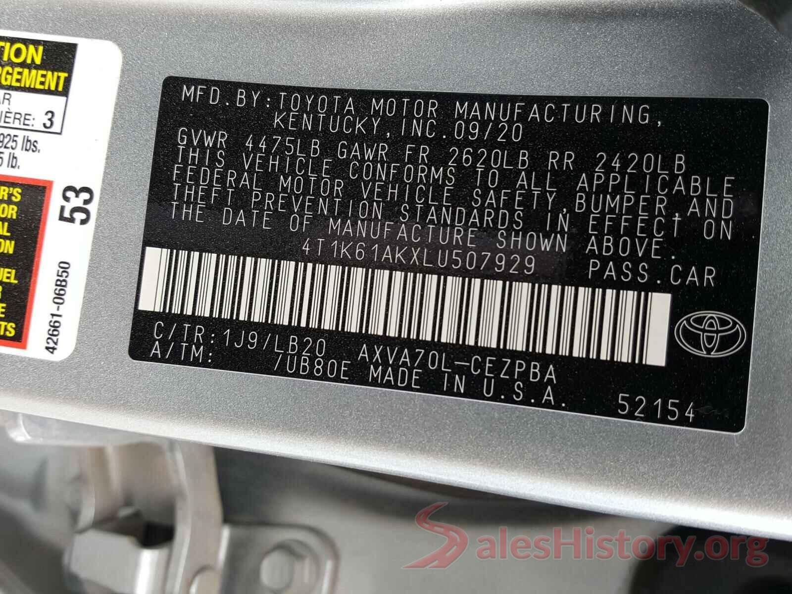 4T1K61AKXLU507929 2020 TOYOTA CAMRY