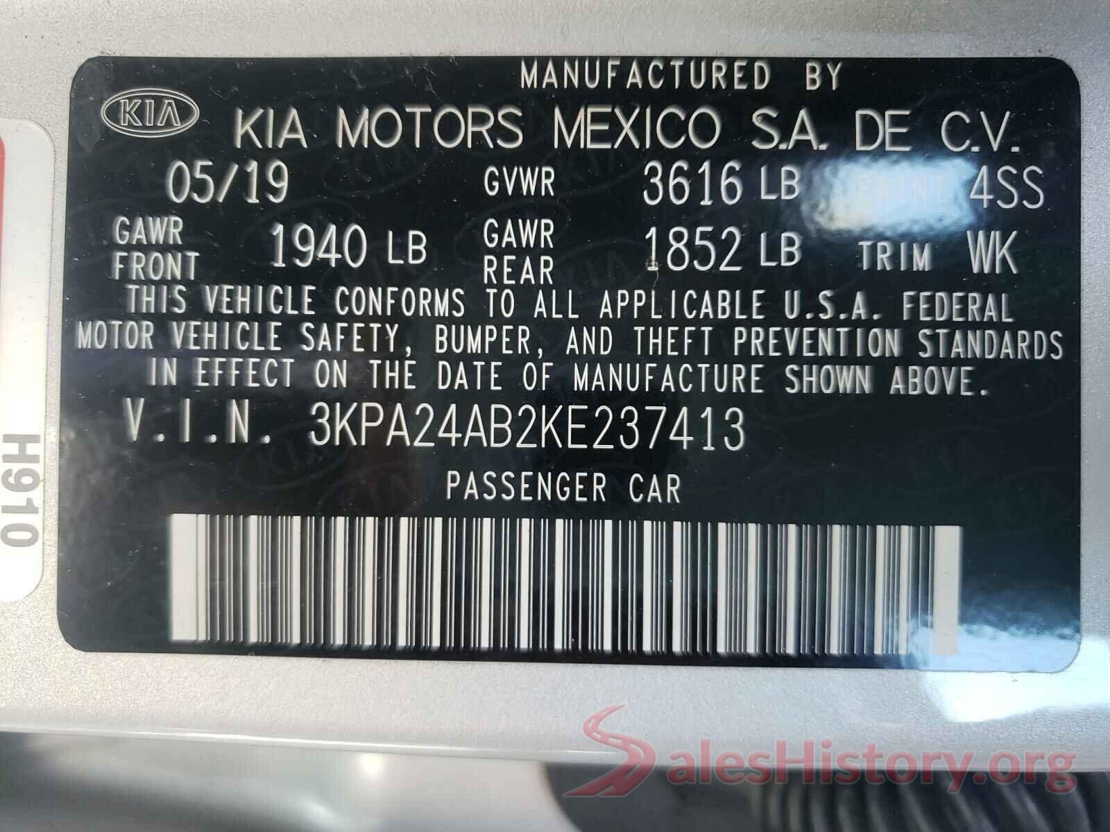 3KPA24AB2KE237413 2019 KIA RIO