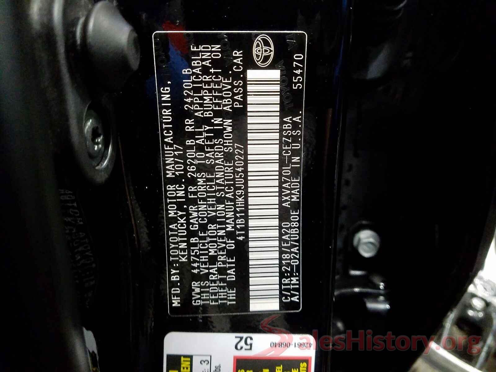 4T1B11HK9JU540227 2018 TOYOTA CAMRY