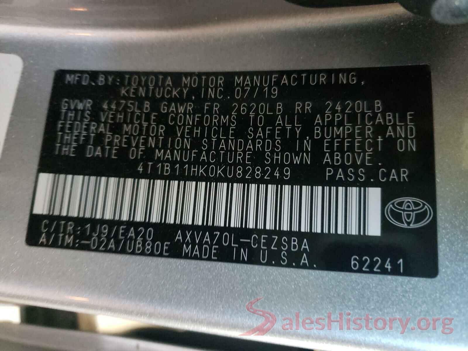 4T1B11HK0KU828249 2019 TOYOTA CAMRY