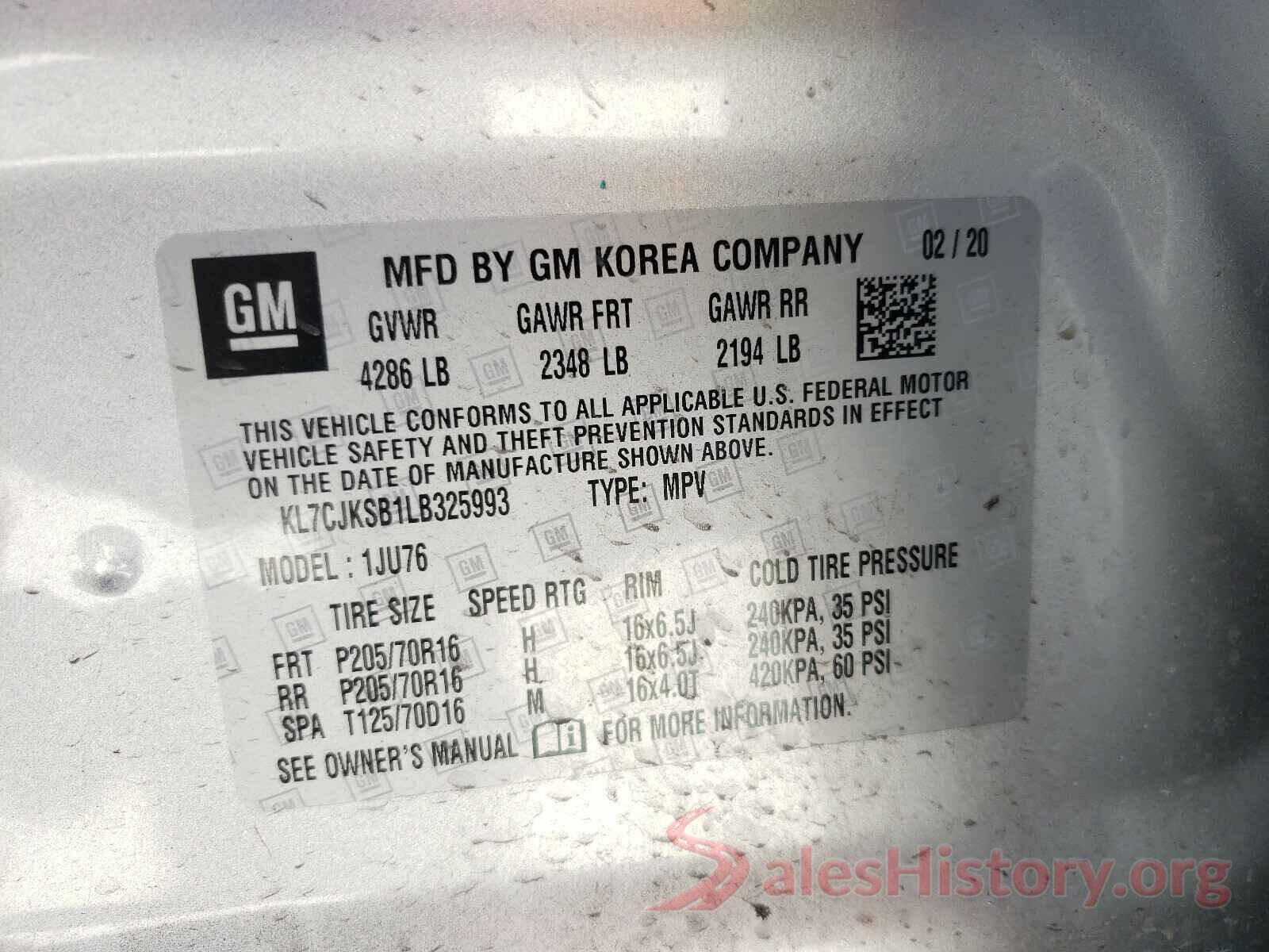 KL7CJKSB1LB325993 2020 CHEVROLET TRAX