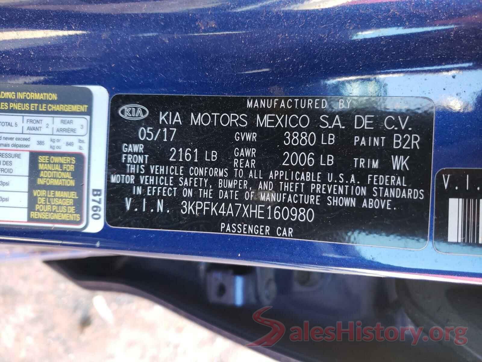 3KPFK4A7XHE160980 2017 KIA FORTE