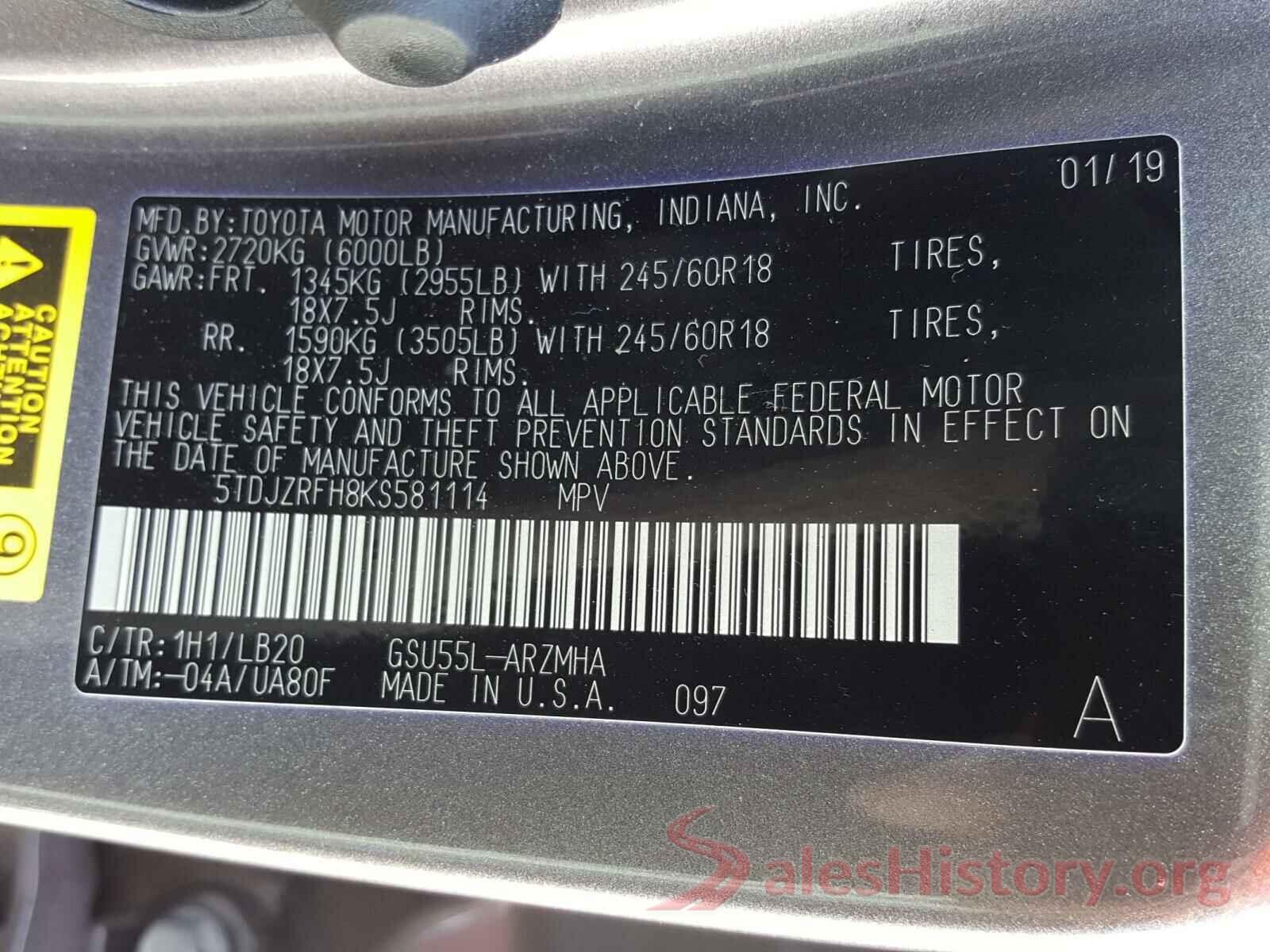 5TDJZRFH8KS581114 2019 TOYOTA HIGHLANDER