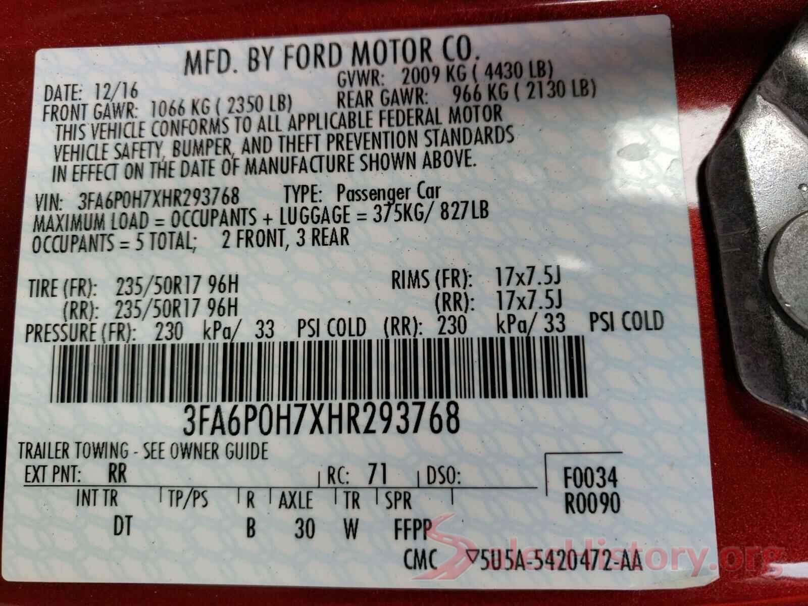 3FA6P0H7XHR293768 2017 FORD FUSION