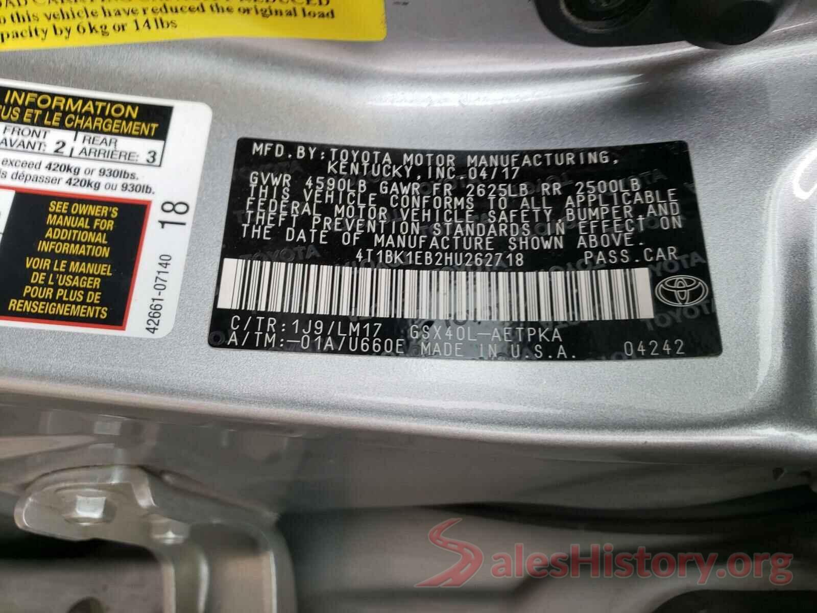 4T1BK1EB2HU262718 2017 TOYOTA AVALON