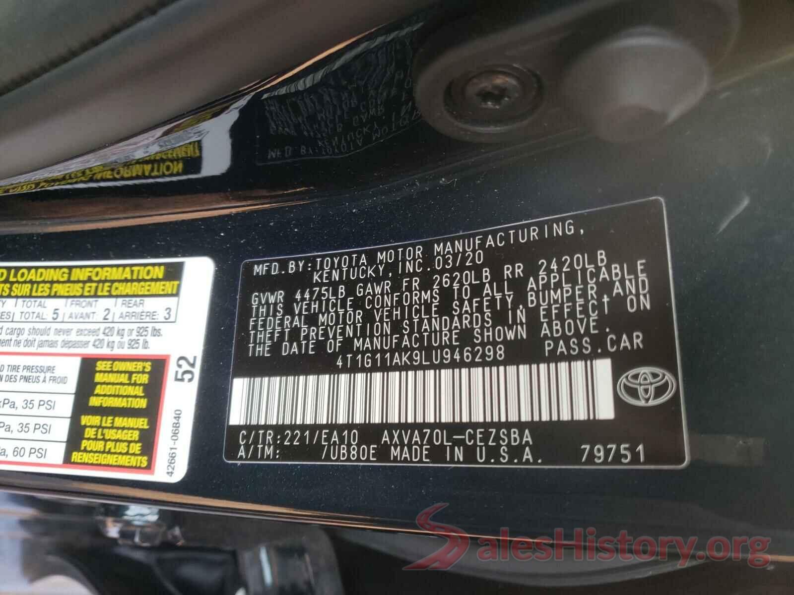 4T1G11AK9LU946298 2020 TOYOTA CAMRY