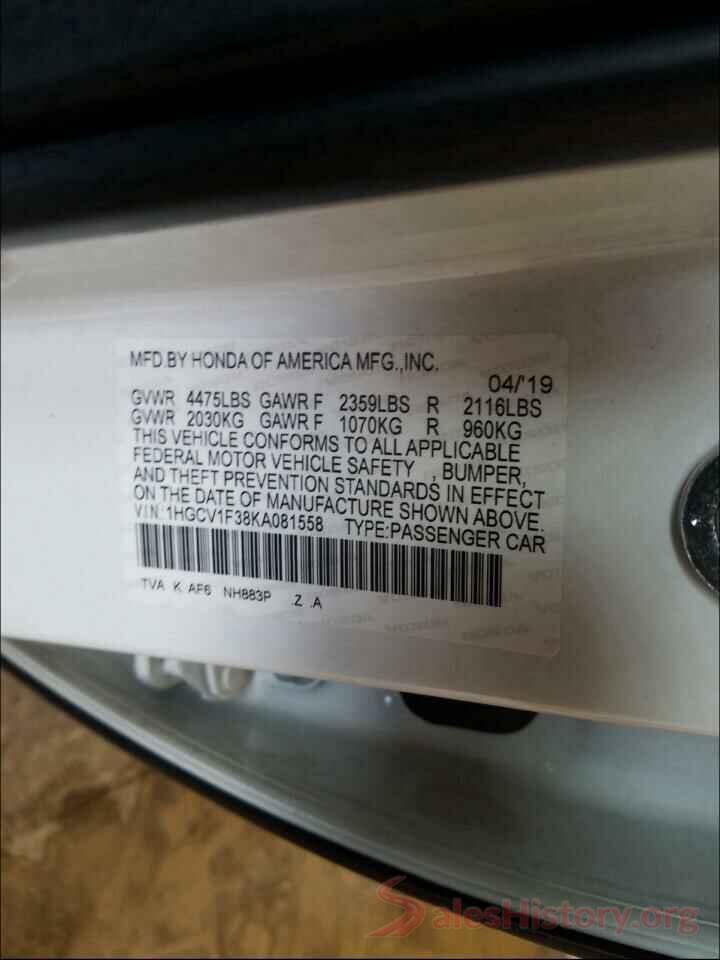 1HGCV1F38KA081558 2019 HONDA ACCORD